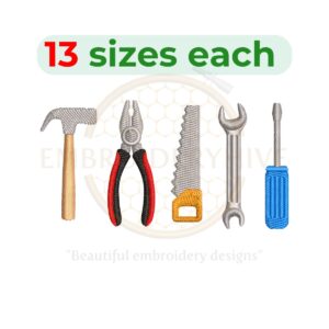 Tool set embroidery design featuring mechanical tools, available in 13 sizes from 1.5 to 7.5 inches wide.