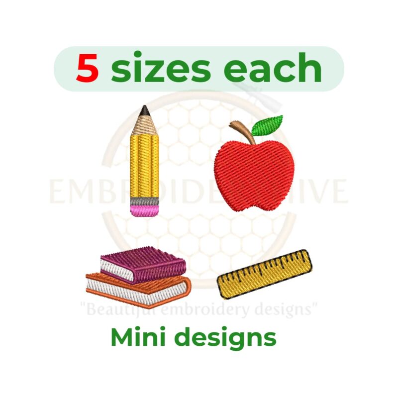 Mini Back to School Embroidery Design Set – Apple, Pencil, Book, Ruler – 5 Sizes Each
