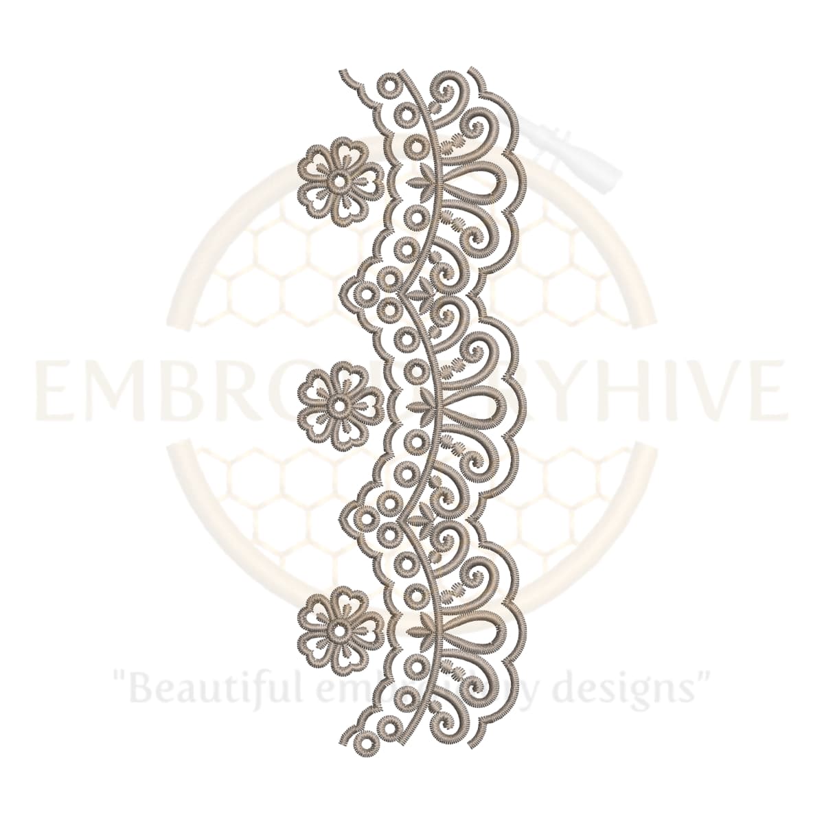 Floral Border Embroidery Design E-0766 – Elegant vertical floral pattern for machine embroidery on garments and home decor