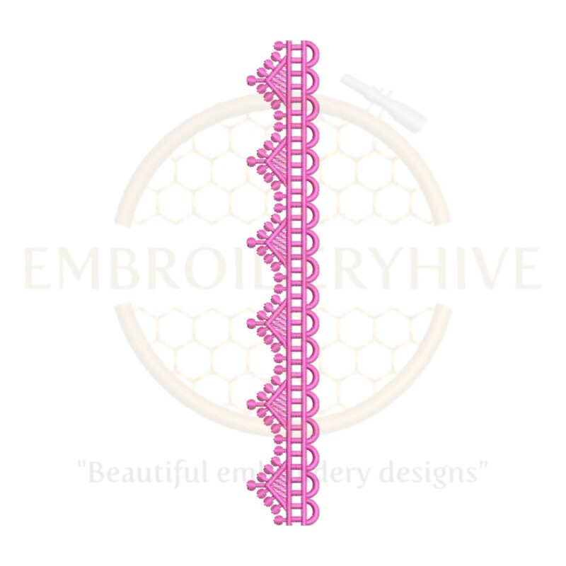 Delicate vertical border embroidery design featuring symmetrical floral motifs and curved details, perfect for linens and ethnic garments.