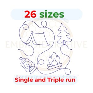 Camping-themed quilting embroidery design with 26 sizes from 3 inches (76mm) to 12 inches (305mm), available in single-run and triple stitch styles, compatible with both embroidery and longarm quilting machines.