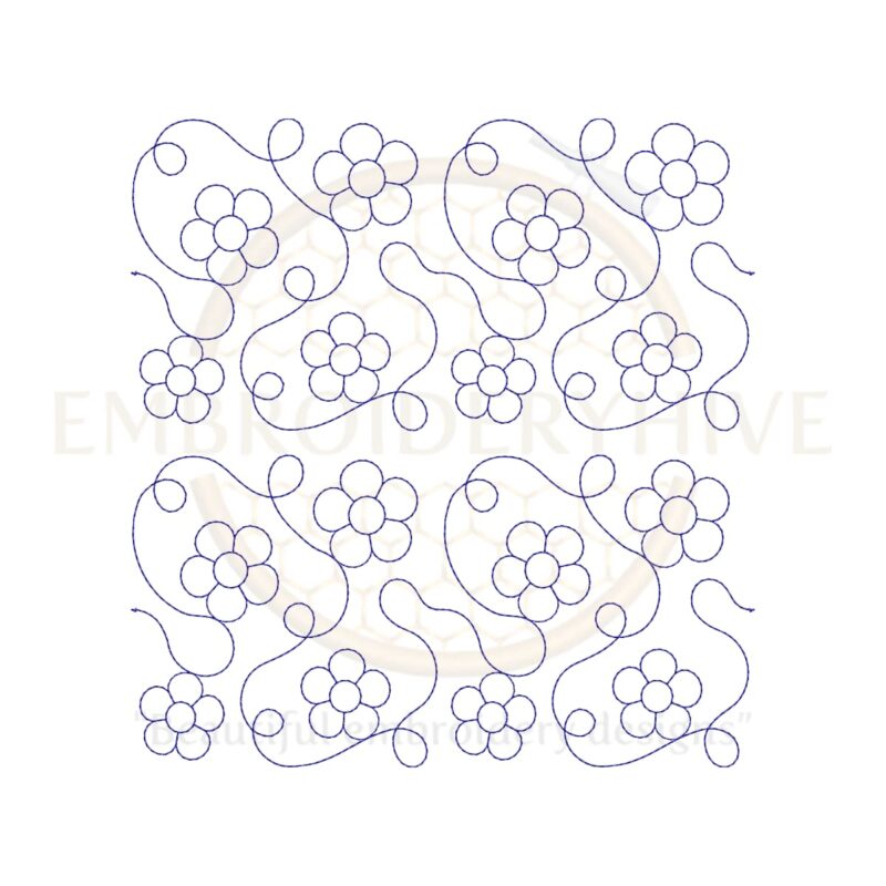 Floral quilting embroidery design offered in single-run and triple (bean) stitch styles, displayed in square and stretched formats for various hoop sizes.