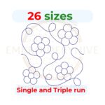 Floral quilting embroidery design offered in single-run and triple (bean) stitch styles, displayed in square and stretched formats for various hoop sizes.
