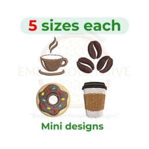 • INCLUDED DESIGNS: 4 different types of Mini Coffee Machine Embroidery Designs. 1. Coffee beans embroidery design 2. Coffee cup embroidery design 3. Coffee mug embroidery design 4. donut embroidery design • INCLUDED SIZES: You will receive 5 sizes, ranging from 1 inches (25mm) to 2 inches (51mm) in each embroidery design, with each size increasing by 0.25 inches (6mm). Detailed dimensions and stitch counts for each size are included in the listing photos for your convenience. • AVAILABLE FILE FORMATS: Your download includes a ZIP file with all popular embroidery formats: DST, EXP, JEF, HUS, PEC, PES, VIP, PCS, CSD, VP3, and XXX. Need a different format? Contact us before purchase, and we’ll do our best to accommodate your needs. • KEY DETAILS: DIGITAL FILE ONLY: This is not a physical patch but a digital design file for embroidery machines. INSTANT DOWNLOAD: After purchase, you’ll receive a link to download the ZIP file containing your design and a helpful production worksheet in PNG format. RESIZING NOTE: We recommend avoiding resizing or editing the design to maintain the best embroidery quality. REFUND POLICY: As this is a digital product, refunds are unavailable. Thank you for your understanding. • TERMS OF USE: All designs are created by our team and are protected by copyright. You’re welcome to use them for personal or small business projects. However, we kindly ask that you do not share, sell, or distribute the design files. • NEED HELP? We’re here to make sure you have the best experience! If you have any questions or run into issues, please feel free to reach out. Your satisfaction is our priority! Thank you for supporting our shop and choosing our unique embroidery designs!
