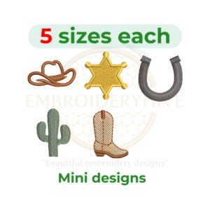 Set of five mini cowboy-themed embroidery designs including boots, sheriff badge, cowboy hat, cactus, and horseshoe, shown in multiple small sizes from 1 to 2 inches.
