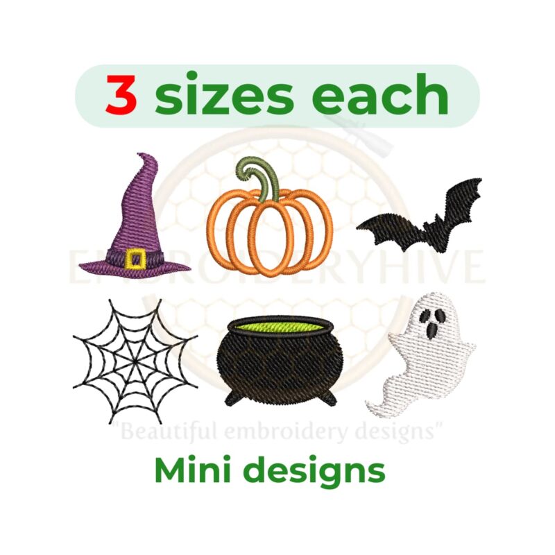 Set of six mini Halloween-themed embroidery designs including a bat, cauldron, ghost, pumpkin, spider web, and witch hat, available in three sizes ranging from 1 to 2 inches.