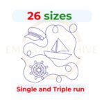 Nautical-themed quilting embroidery design available in single-run and triple (bean) stitch styles, shown in square and stretched formats for different hoop sizes.