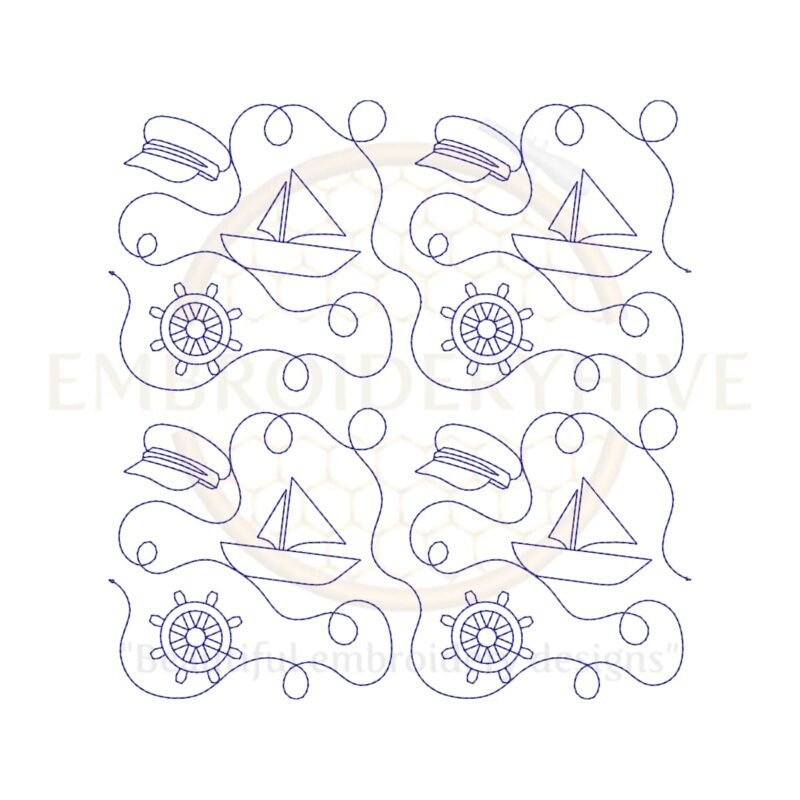 Nautical-themed quilting embroidery design available in single-run and triple (bean) stitch styles, shown in square and stretched formats for different hoop sizes.