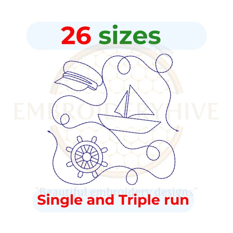 Nautical-themed quilting embroidery design available in single-run and triple (bean) stitch styles, shown in square and stretched formats for different hoop sizes.