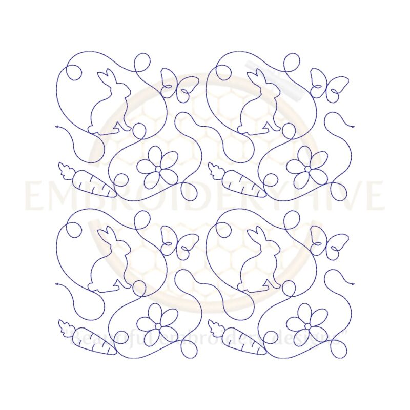 Adorable rabbit quilting embroidery design available in single-run and triple-stitch styles, shown in various sizes from 3" to 12", suitable for square and rectangular hoops.
