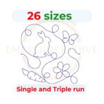 Adorable rabbit quilting embroidery design available in single-run and triple-stitch styles, shown in various sizes from 3" to 12", suitable for square and rectangular hoops.