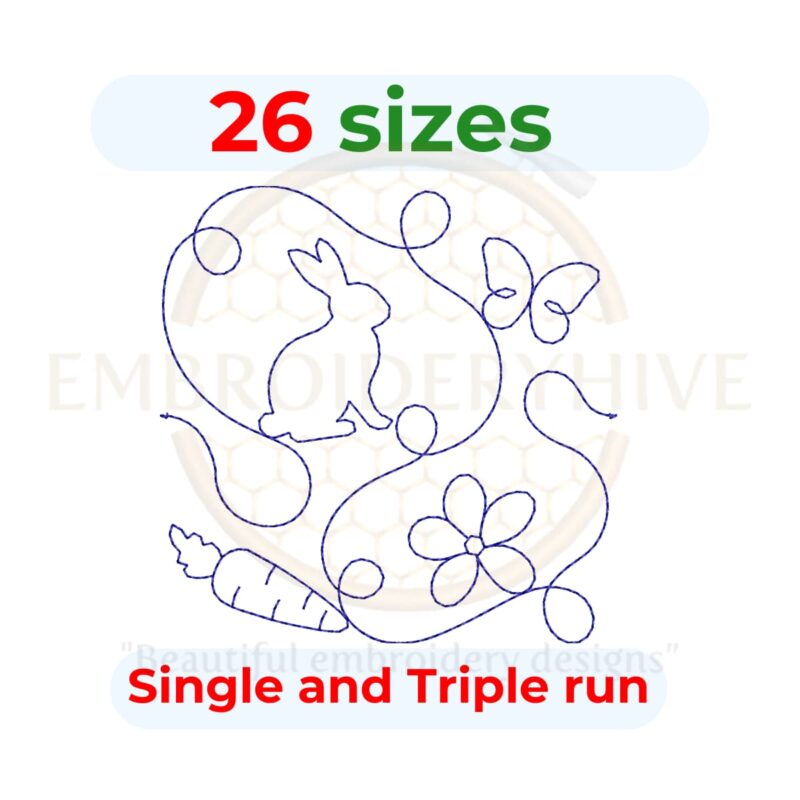 Adorable rabbit quilting embroidery design available in single-run and triple-stitch styles, shown in various sizes from 3" to 12", suitable for square and rectangular hoops.