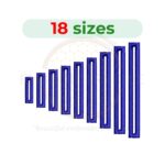 Mini embroidery design available in 18 sizes from 0.3 inches (8mm) to 2 inches (51mm), shown with detailed stitch count and format options for machine embroidery.