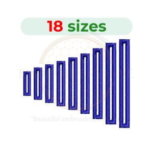 Mini embroidery design available in 18 sizes from 0.3 inches (8mm) to 2 inches (51mm), shown with detailed stitch count and format options for machine embroidery.