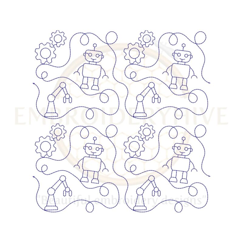 Modern robot-themed quilting embroidery design in single-run and triple-stitch styles, available in 26 sizes from 3" to 12", shown in both square and rectangular hoop formats.
