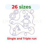 Modern robot-themed quilting embroidery design in single-run and triple-stitch styles, available in 26 sizes from 3" to 12", shown in both square and rectangular hoop formats.