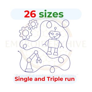 Modern robot-themed quilting embroidery design in single-run and triple-stitch styles, available in 26 sizes from 3" to 12", shown in both square and rectangular hoop formats.