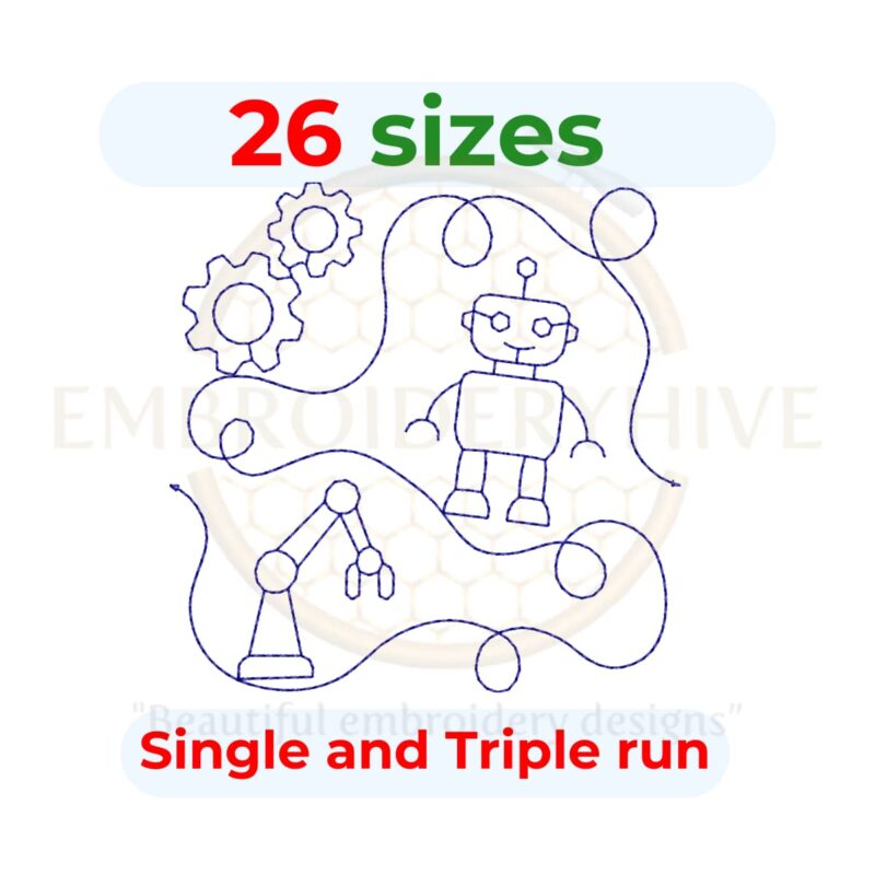 Modern robot-themed quilting embroidery design in single-run and triple-stitch styles, available in 26 sizes from 3" to 12", shown in both square and rectangular hoop formats.