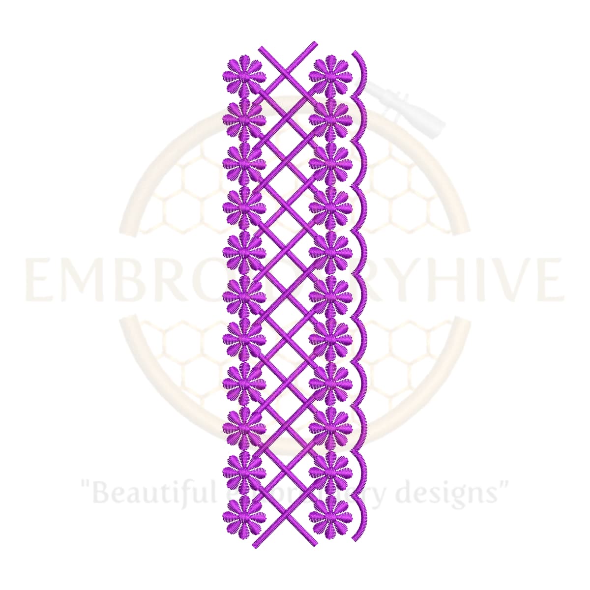 Flower Border Embroidery Design (E-0840) digital download, 1.14" x 7.31", for tablecloths, bedding, curtains, towels, and women’s outfits.