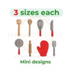 Mini kitchen utensil embroidery set featuring fork, frying pan, knife, oven mitt, rolling pin, spatula, whisk, and wooden spoon designs. Each design includes 3 small sizes from 1 inch to 2 inches.