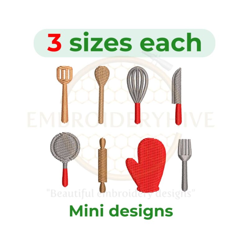 Mini kitchen utensil embroidery set featuring fork, frying pan, knife, oven mitt, rolling pin, spatula, whisk, and wooden spoon designs. Each design includes 3 small sizes from 1 inch to 2 inches.