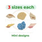 Six unique seashell embroidery designs in three sizes, digital download for embroidery machines.