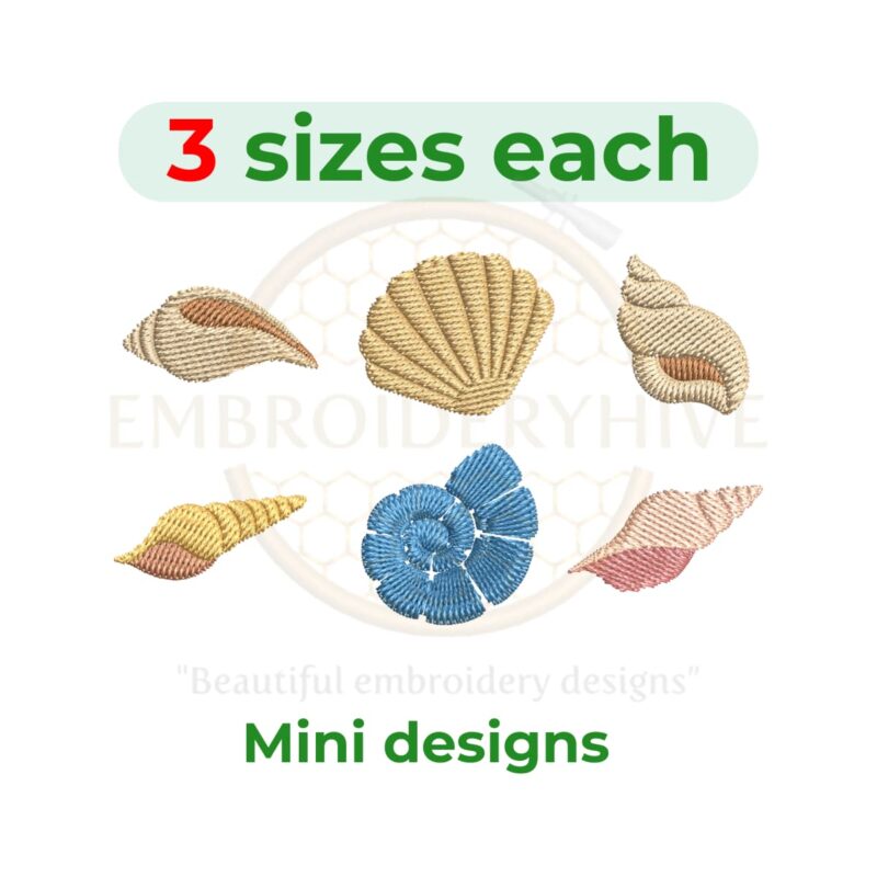 Six unique seashell embroidery designs in three sizes, digital download for embroidery machines.