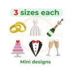 Mini Wedding Machine Embroidery Designs set – 6 small patterns including wedding rings, bride dress, compass, tuxedo, glasses, and wedding cake. Includes 3 sizes from 1″ to 2″, available in multiple file formats. Instant digital download.