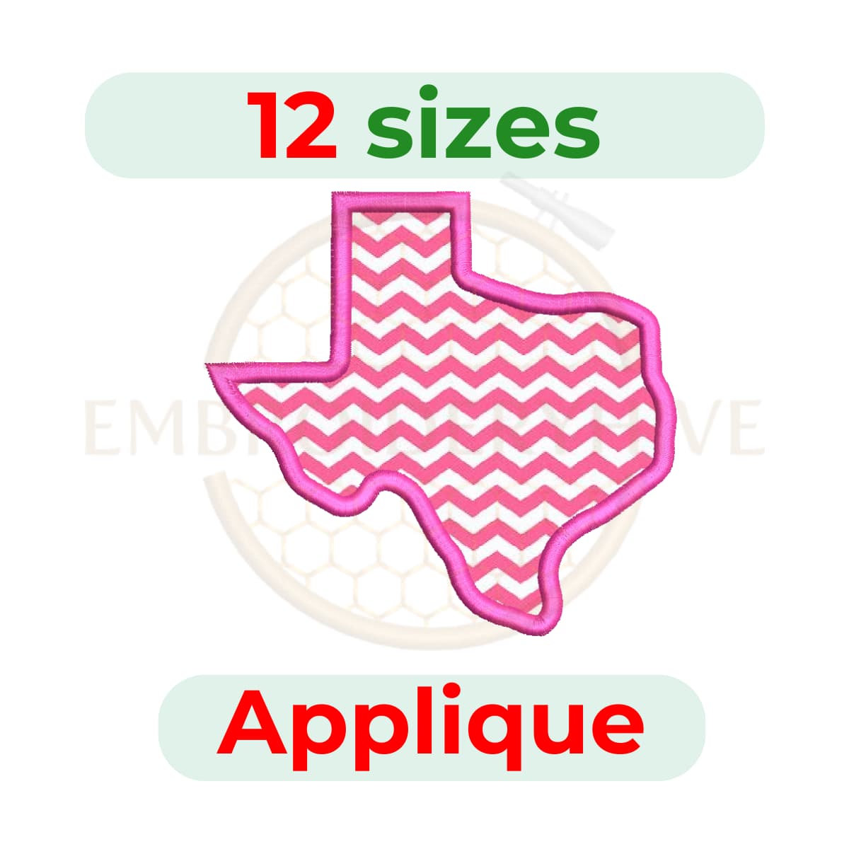 Texas State applique embroidery design, 12 sizes from 2" to 7.5" width, ideal for clothing, quilts, home decor, and DIY embroidery projects.