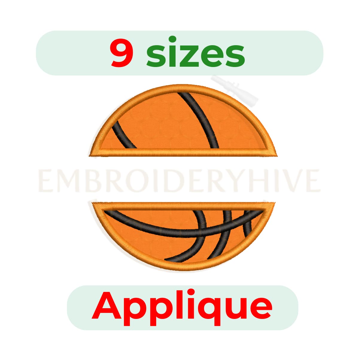 Split Basketball Applique Embroidery Design, digital machine embroidery file in 9 sizes, instant download.