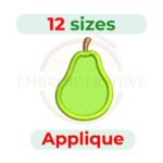 Pear applique embroidery design, 12 sizes from 2" to 7.5", suitable for clothing, quilting, and home décor embroidery projects.