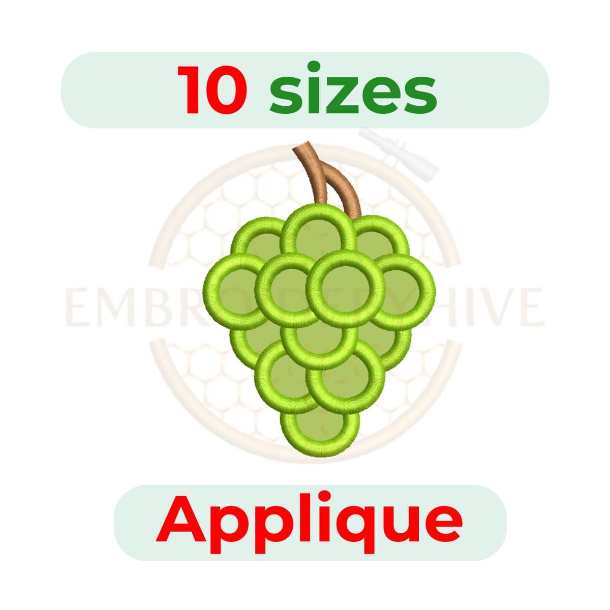 Digital Grapes Applique Embroidery Design, machine embroidery file in multiple sizes, instant download.
