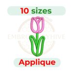 Tulip applique embroidery design, digital embroidery file in 10 sizes, perfect for spring crafts, quilts, baby clothes, towels, and floral embroidery projects.