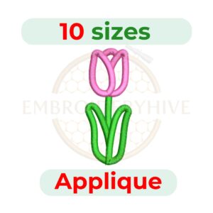Tulip applique embroidery design, digital embroidery file in 10 sizes, perfect for spring crafts, quilts, baby clothes, towels, and floral embroidery projects.