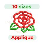 Rose applique embroidery design, 10 sizes from 3" to 7.5" width, ideal for clothing, quilts, home decor, and DIY embroidery projects.