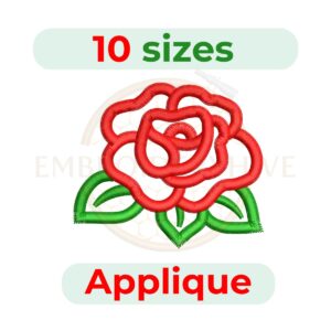 Rose applique embroidery design, 10 sizes from 3" to 7.5" width, ideal for clothing, quilts, home decor, and DIY embroidery projects.