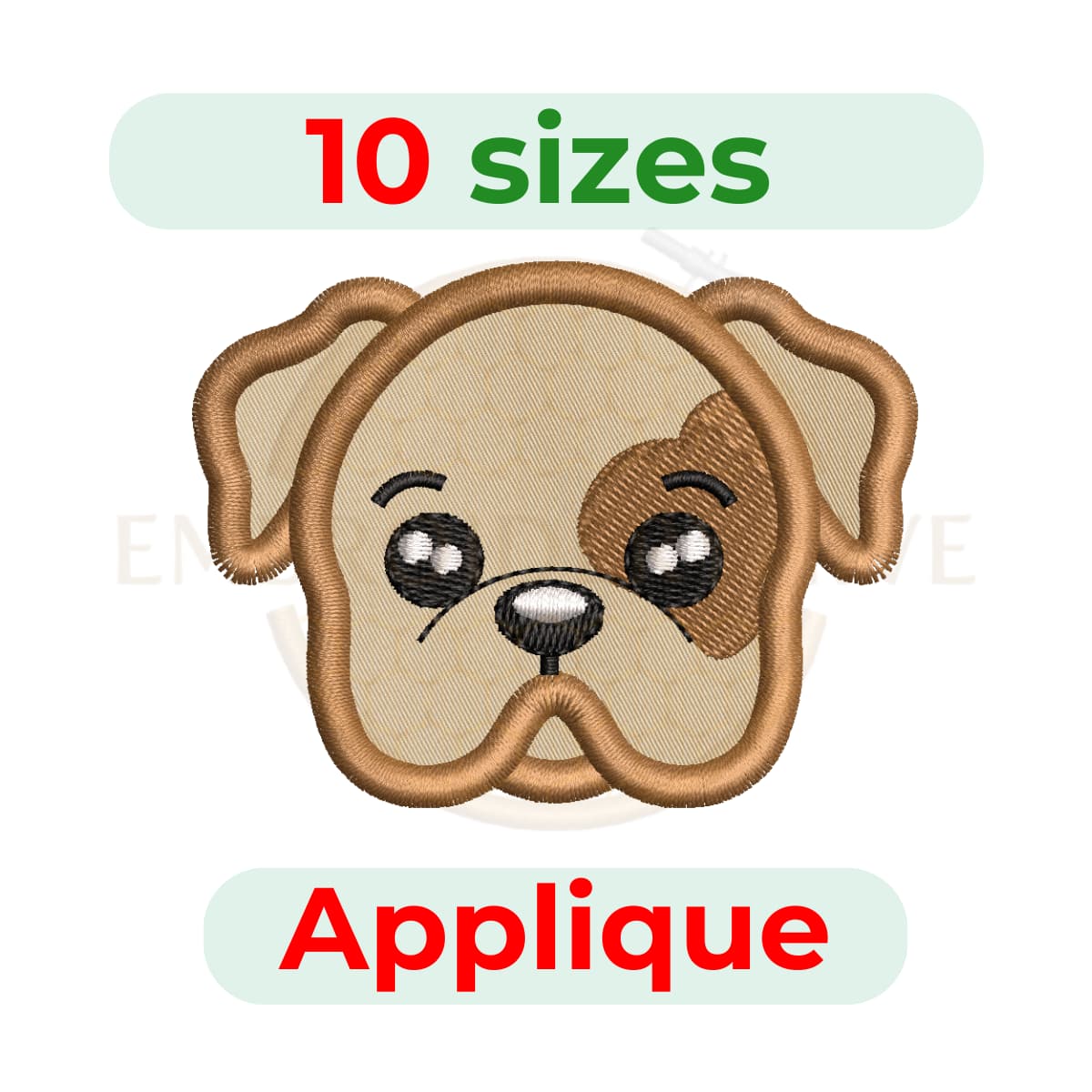Bulldog Face Applique Embroidery Design, digital embroidery file in 10 sizes, ideal for pet embroidery, dog-themed projects, apparel, and quilting.