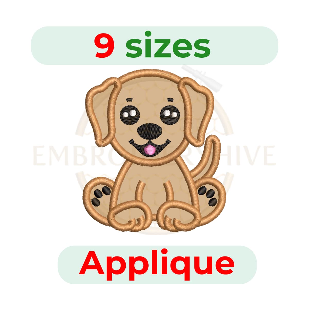 Puppy Labrador Dog Applique Embroidery Design, digital machine embroidery file in 9 sizes, instant download.