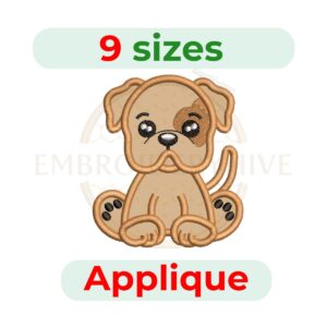 Puppy Bulldog Applique Embroidery Design, digital machine embroidery file in 9 sizes, instant download.