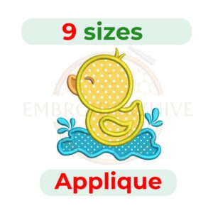 Rubber ducky applique embroidery design, digital embroidery file in 9 sizes, perfect for baby clothes, nursery projects, quilts, towels, and kids’ gifts.