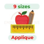 Back to School Pencil Ruler Apple Applique Embroidery Design, digital embroidery file in 9 sizes, instant download.