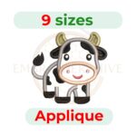 Little cow applique embroidery design, 10 sizes from 3" to 7.5", suitable for children’s clothing, quilting, and home décor embroidery projects.