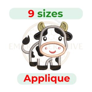 Little cow applique embroidery design, 10 sizes from 3" to 7.5", suitable for children’s clothing, quilting, and home décor embroidery projects.
