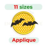 Bats with full moon applique embroidery design, 11 sizes from 2.5" to 7.5", suitable for Halloween clothing, quilting, and home décor embroidery projects.