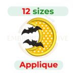 Halloween moon with bat applique embroidery design, 12 sizes from 2" to 7.5", suitable for spooky-themed clothing, quilting, and home décor embroidery projects.