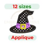 Witches Hat Applique Embroidery Design, digital embroidery file in 11 sizes, ideal for Halloween embroidery projects, costumes, bags, and festive décor.