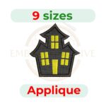 Halloween haunted house applique embroidery design, 9 sizes from 3.5" to 7.5", suitable for spooky-themed clothing, quilting, and home décor embroidery projects.