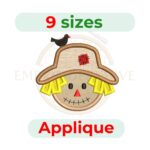 Fall scarecrow applique embroidery design, 9 sizes from 3.5" to 7.5", suitable for autumn-themed clothing, quilting, and home décor embroidery projects.