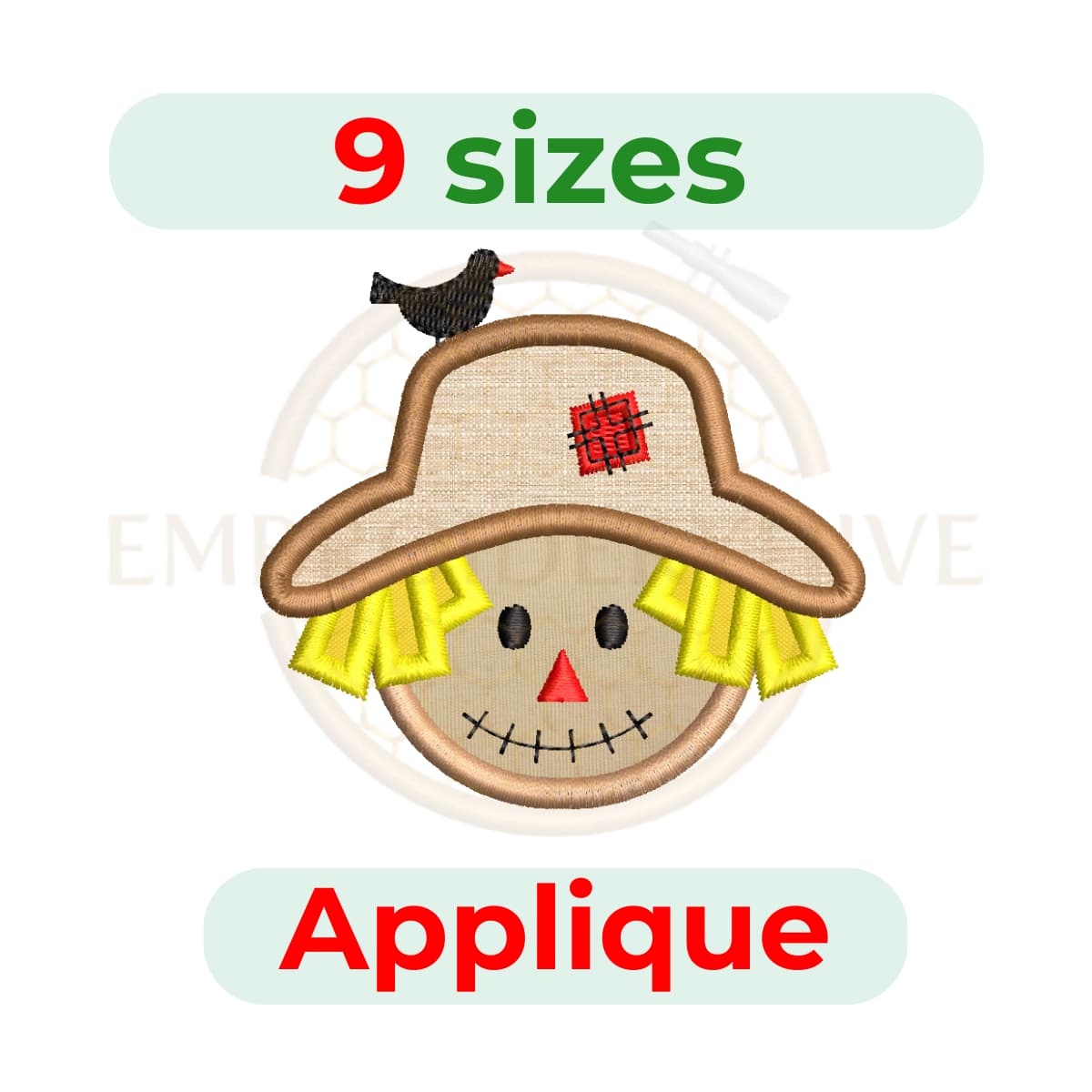 Fall scarecrow applique embroidery design, 9 sizes from 3.5" to 7.5", suitable for autumn-themed clothing, quilting, and home décor embroidery projects.