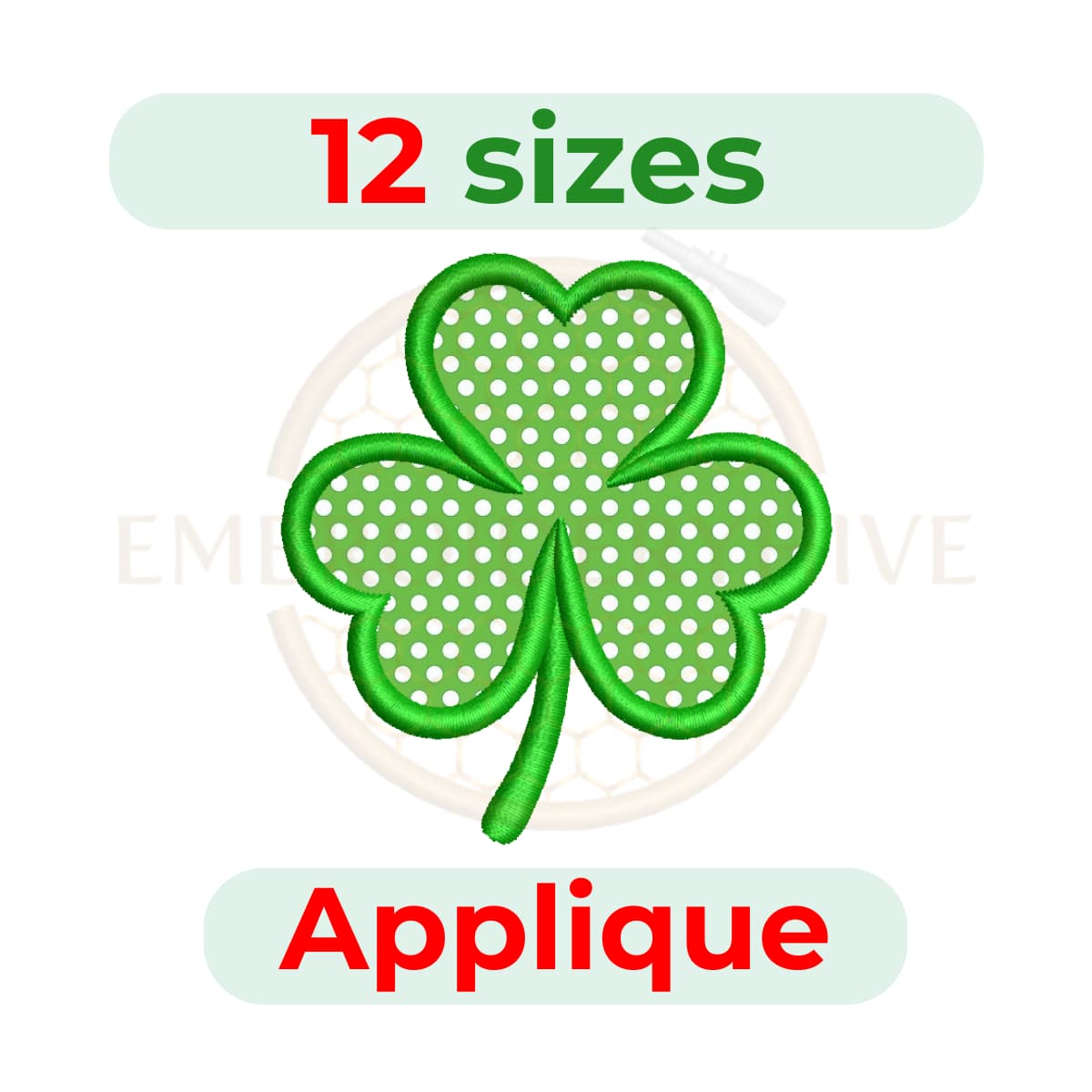 Shamrock applique embroidery design, digital embroidery file in 12 sizes, ideal for St. Patrick’s Day, lucky charm projects, and festive embroidery crafts.